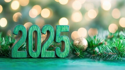 The number "2025" is made of wood painted green on a background of soft blurred bokeh, ai