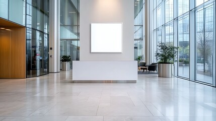 Fototapeta premium A minimalist white light box standing alone in the middle of a sleek, modern office lobby with marble floors and glass walls. 