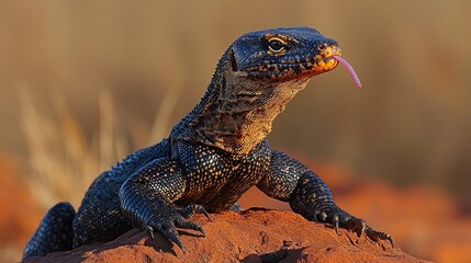 Obraz premium A close-up of a lizard perched on a rock with its tongue out.