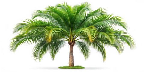 Fototapeta premium A single palm tree with vibrant green fronds stands isolated against a pure white backdrop. The leaves are spread wide, creating a sense of tropical tranquility.