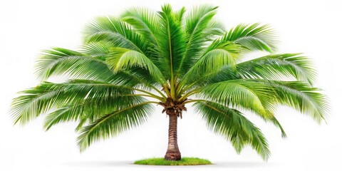 Fototapeta premium A single, lush, vibrant green coconut palm tree isolated on a white background, showcasing its graceful, sprawling fronds and textured trunk.