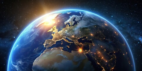Obraz premium A Breathtaking View of Earth's Continents, Illuminated by City Lights and the Sun's Golden Rays