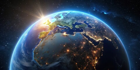 Obraz premium A stunning view of Earth from space, showcasing the intricate patterns of city lights illuminating the continents against a backdrop of twinkling stars.