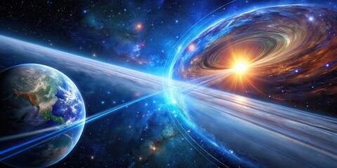 Obraz premium A Cosmic Dance of Light and Gravity A swirling vortex of stardust and celestial energy illuminates a distant planet, captivating with its radiant beauty and the ethereal expanse of the cosmos.