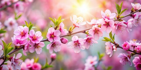 Obraz premium A delicate branch of pink blossoms reaching towards the sun, a symphony of soft petals and springtime vibrancy