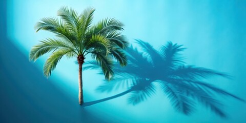 Fototapeta premium A single palm tree casts a shadow against a vibrant turquoise wall, capturing a moment of tranquility and summery bliss.