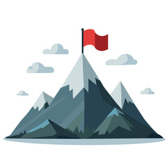 Mountain peak with red flag vector illustration in flat design 