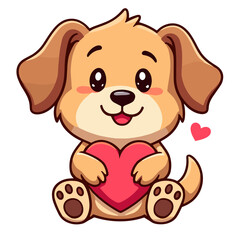 Adorable puppy holding red heart, love and affection concept, vector illustration