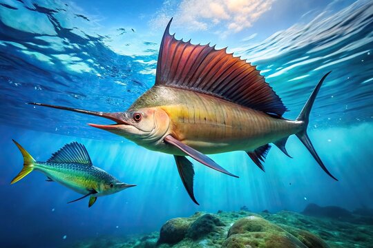 Vibrant illustration of Sailfish and Mutton Snapper fish