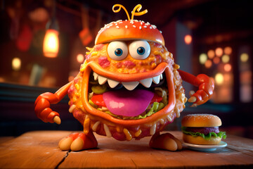 Obraz premium Fast food monster. funny snack with a burger bun cap stands with his mouth wide open full of food on a wooden table in an evening roadside restaurant cafe diner