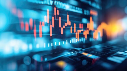 Obraz premium Abstract financial data visualization with graphs and charts, blue and orange tones.