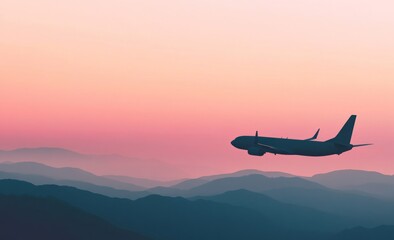 Fototapeta premium Airplane Silhouette Over Mountain Ranges at Sunset