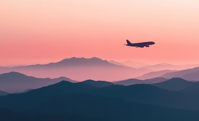 Naklejka premium Airplane Silhouette in a Pink Sunset Over Mountains