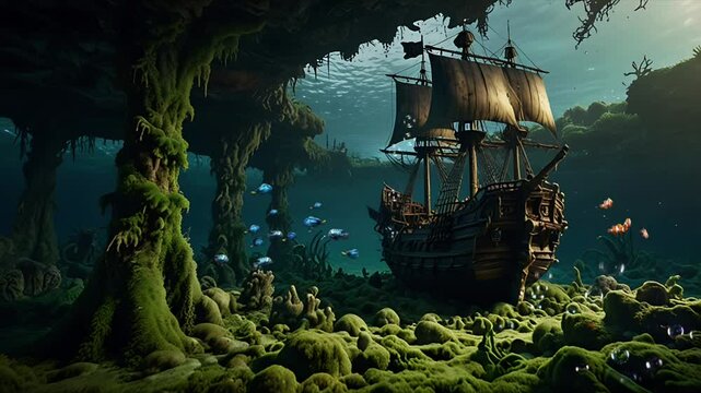 An abandoned pirate ship at the bottom of the sea. Seamless 4K looping timelapse video animation background