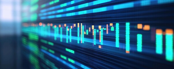 Fototapeta premium Digital data visualization with colorful graphs on a dark background.
