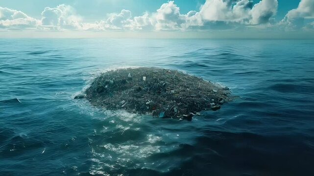 Aerial view of Plastic Island or Great Pacific Garbage Patch or Pacific Trash Vortex, consisting mainly of plastic, light metals and organic residues. Garbage on the ocean. AI-Generated