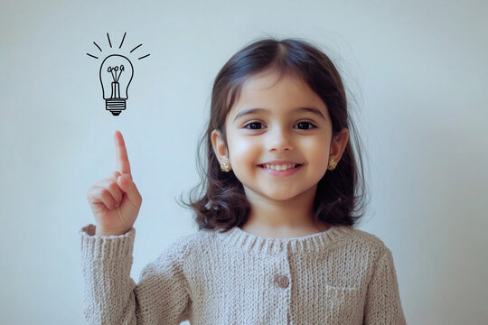 Smart indian girl having idea concept, with a line hand drawn light bulb, isolated on white background