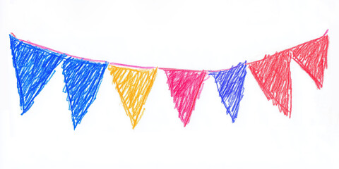 Fototapeta premium Vivid pencil drawing of party bunting flags hand drawn in childish style isolated on white background