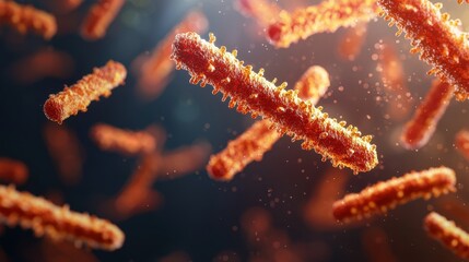 A vibrant, microscopic view of red bacteria swimming in a dark environment, highlighting their unique shapes and textures.