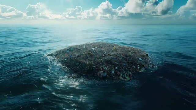 An aerial view of an island full of plastic, also known as the Great Pacific Garbage Patch or the Pacific Trash Vortex, showing a concentration of plastic, metal, and organic garbage in the ocean.