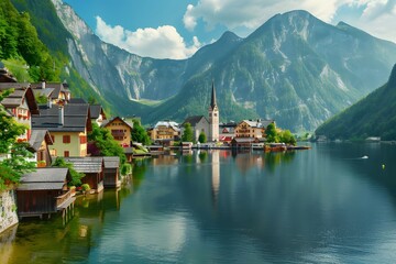 Fototapeta premium Beautiful Hallstatt village in Austria with mountains and lake, capturing the picturesque old town and serene mountain valley