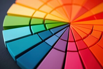 Fototapeta premium Vibrant color wheel showcasing a spectrum of hues in geometric blocks, ideal for design and artistic inspiration.