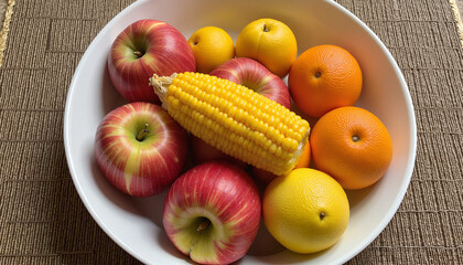 Apples, Corn, and Bananas for Kwanzaa on Rustic Woven Mat
