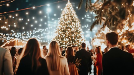 Christmas party in a vintage theater grand tree on stage with classic decorations