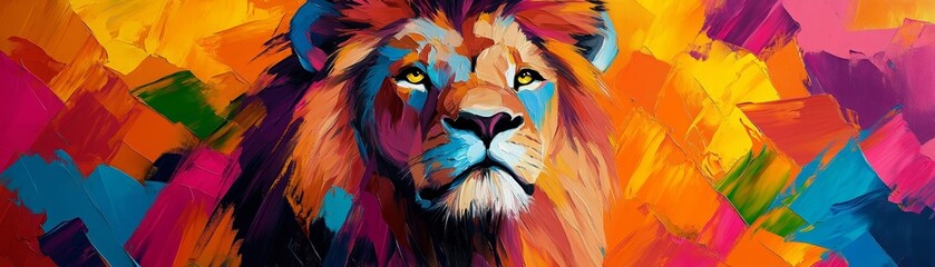 Obraz premium Abstract lion portrait painted with a palette knife, bright primary colors, bold strokes, intense gaze, modern expressionist art style