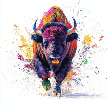 Dynamic abstract digital painting of an energetic Digital painting of a majestic American bison charging  through vibrant splashes of color on a white background