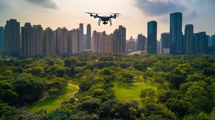 Fototapeta premium Drone soaring over a city park surrounded by high-rises hypermaximalist advertising photography hyper realistic fine detail