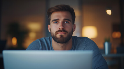 Focused man working late at night on laptop, showcasing determination and concentration in modern workspace. ambient lighting creates calm atmosphere.