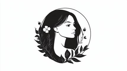 beautiful black and white women portrait in a circle with flowers. ai generative.