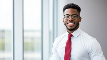 Fototapeta premium confident young man in white shirt and red tie smiles warmly in modern office setting, showcasing professionalism and approachability.