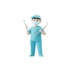Meet the Friendly Dentist: A cheerful cartoon character wearing a blue scrubs and mask, confidently brandishing dental tools, ready to brighten your dental experience with care.