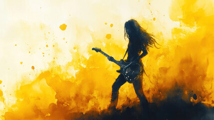 Yellow watercolor painting of rocker girl on a music stage playing guitar
