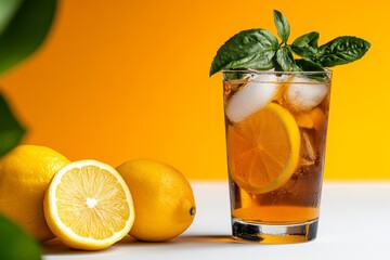 Fototapeta premium a 2D cartoon illustration of a glass of iced tea with lemon slice refreshing and sweet white background