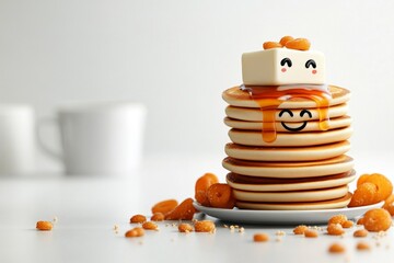 a 2D cartoon illustration of a happy pancake with syrup and butter melting sweet and delightful white background