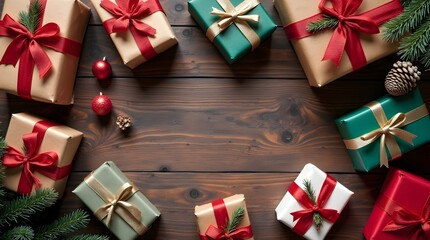 A Flat Lay of Christmas Gifts on a Rustic Wooden Table with Colorful Wrapping Paper and Holiday Decorations