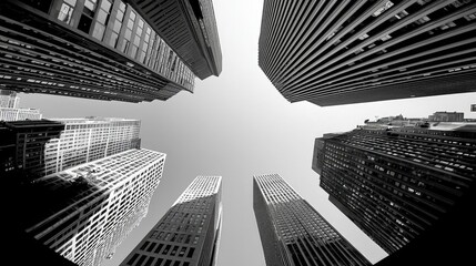 Fototapeta premium Skyscrapers viewed from below, black and white perspective in urban setting.