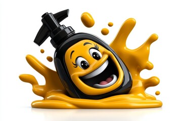 Fototapeta premium a 2D cartoon illustration of a mustard bottle with a cute smile fun and playful white background