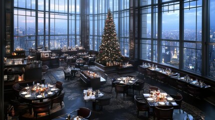 Christmas party on a rooftop in a major city sleek and modern tree