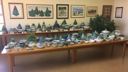 Christmas pottery painting party guests decorating ceramic Christmas trees