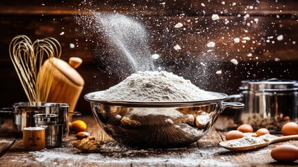 Flour Being Sifted Over a Bowl in Rustic Kitchen