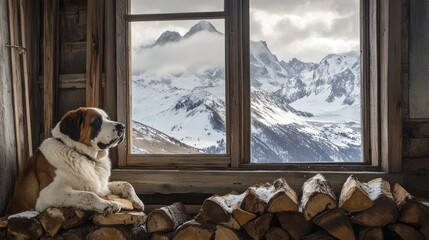 A Bernese Mountain Dog Gazing at Snowy Mountain Peaks Through a Window