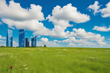 Isolated Skyline Amidst Expansive Green Fields, Generative Ai