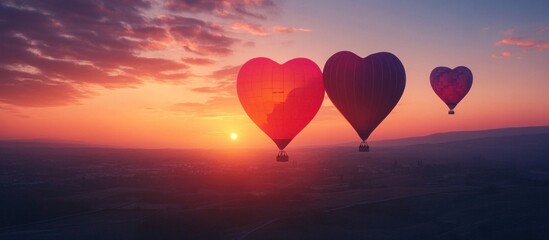 Fototapeta premium Three heart-shaped hot air balloons float through the sky at sunset.