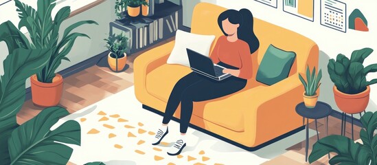 A woman sits on a yellow couch in a living room, working on a laptop computer. She is surrounded by plants and has a cozy atmosphere.
