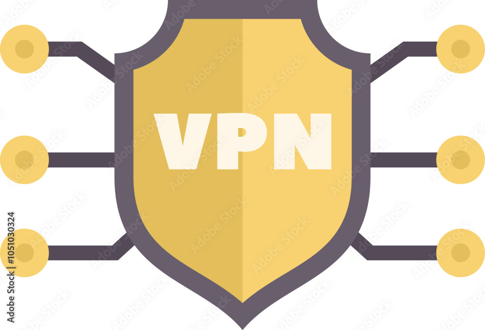 Poster shield with vpn text is using nodes to encrypt data representing secure connection through virtual p