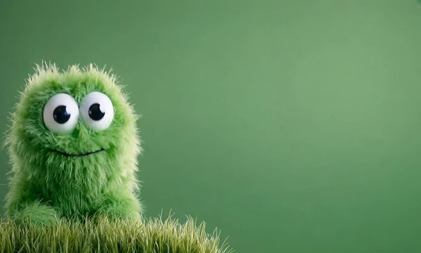 A cute green fuzzy creature with a single eye and a smile against a simple green background.